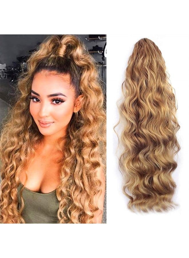 24 Inch Long Body Wave Ponytail hair Extension Synthetic Heat Resistant Wrap Around Drawstring Curly Wavy Ponytail Hairpieces for Women(Blonde Mix Brown)