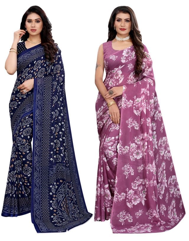 SIRIL Women's Georgette Printed Saree With Unstitched Blouse Piece Combo Pack Of 2 (2041S575_2024S566_Navy Blue & Mauve Purple)