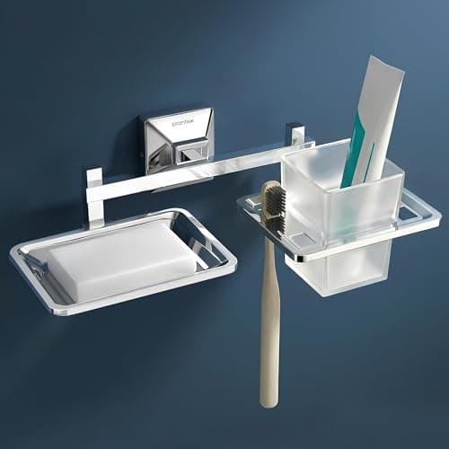 Plantex 304 Grade Stainless Steel 2in1 Soap Holder with Tumbler Holder/Bathroom Accessories - Pack of 1, Squaro (Chrome)