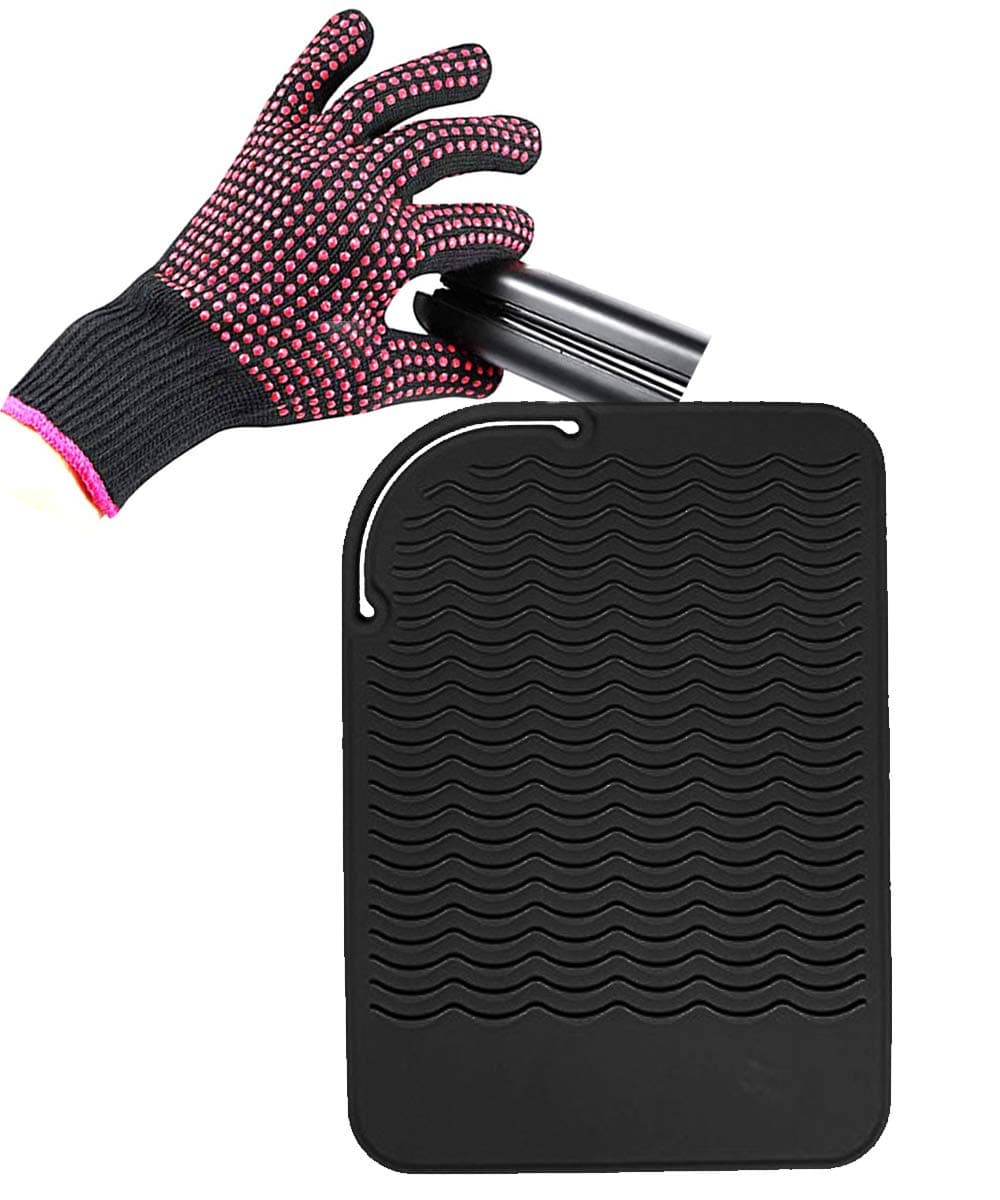 Heat Resistant Silicone Glove and Mat Set for Curling Iron Hair Straightener Flat Irons 9 x 65 Food Grade Silicone Mat Black