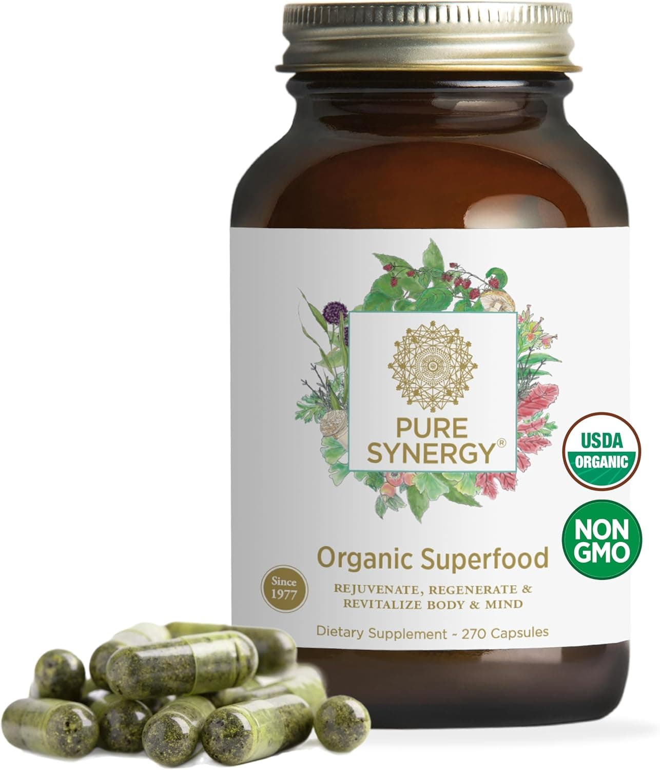 PURE SYNERGY Superfood Capsules Organic Superfood Greens Supplement Whole Foods Like Super Greens Spirulina Mushrooms for Energy Healthy Aging Immune Health 270 Capsules