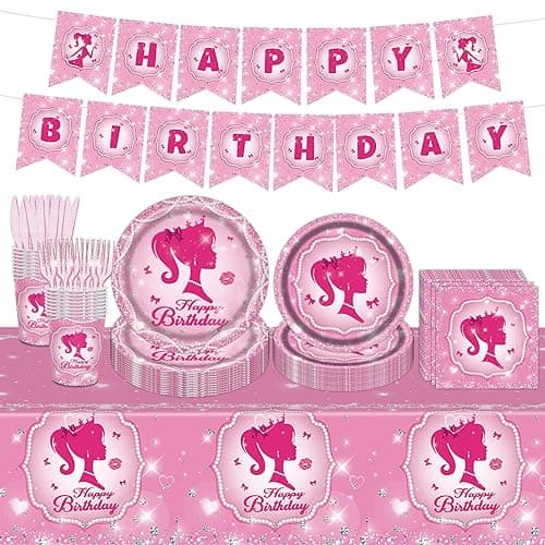 Poqirzan 98PCS Pink Girl Birthday Party Supplies Hot Pink Party Tableware Set Sweet Girls Birthday Baby Shower Decorations Princess Paper Plates and Napkins Set Tablecloth Banner Serve 16 Guests