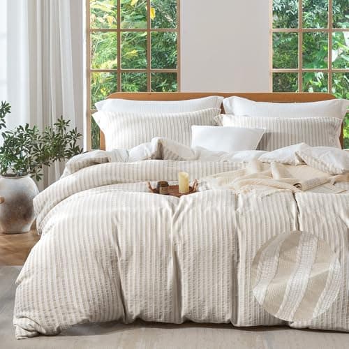 MILDLY Jacquard Stripe Duvet Cover - 100% Washed Cotton Light Khaki Boho Textured Comforter Cover 3pcs with Zipper Closure 104"x90"