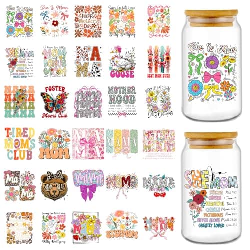 Rngmsi UV DTF Cup Wrap 30 Pcs Mama UV DTF Stickers for 16 OZ Mothers Day Flower Waterproof UVDTF Transfer Decals for Cups Glasses Mug DIY Crafts