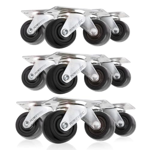 POWERTEC 1-1/2 Inch Swivel Caster Wheels Set of 12 with 480 lbs Loads (160 lbs Loads for Set of 4), Heavy Duty Plate Casters, Rubber Castor Wheels for Furniture, Cart, Dolly and Workbenches (17209-P3)