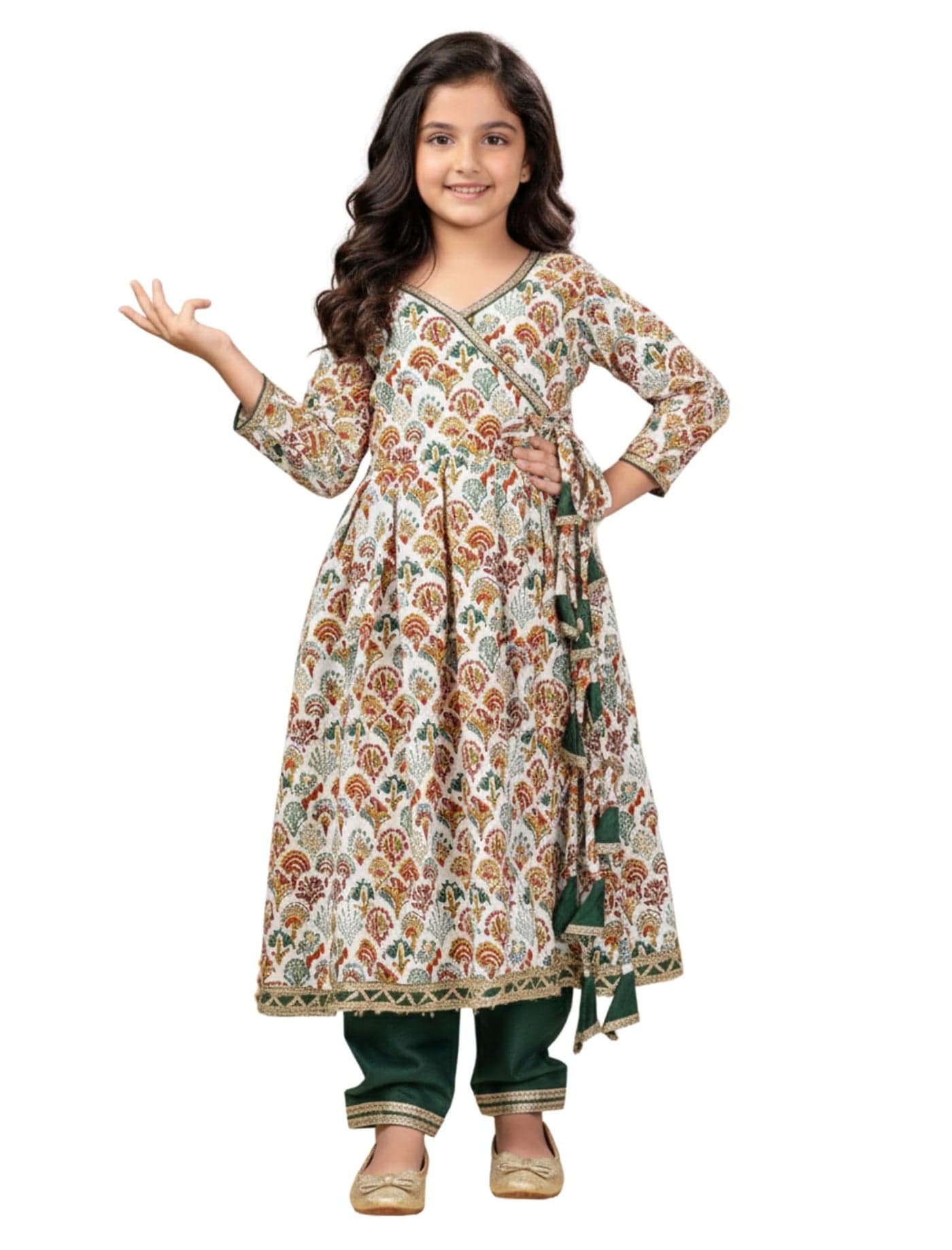 Naixa Girl's Rayon Anarkali Cream Printed Tassel Tie Kurta Set with Churidar Outfit V Nack 3/4 Sleeves and Golden Lace Dupatta (5 to 6 Years)