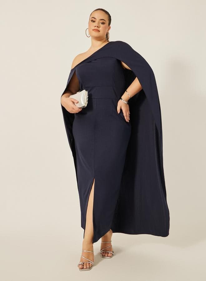 Plain Cape Sleeve Front Slit Maxi Dress