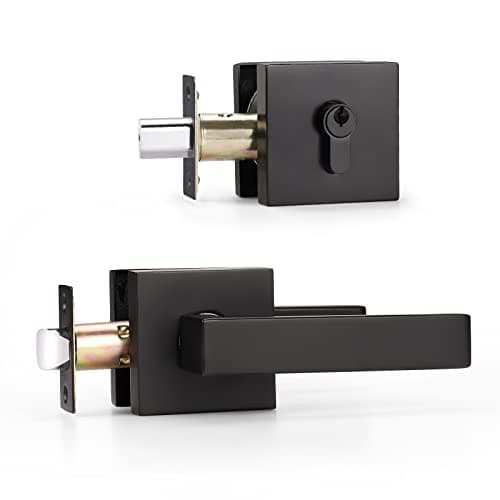 KNOBWELL 1 Pack Square Heavy Duty Passage Door Lever and Single Cylinder Deadbolt Lock Set, Keyed Alike Lever Door Handle with Deadbolt for Entrance and Front Door, Matte Black Finish