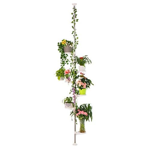 BAOYOUNI 7Layer Indoor Plant Stands Spring Tension Pole Metal Flower Display Rack Space Saver Corner Floral Pot Hanger Shelf Ivory