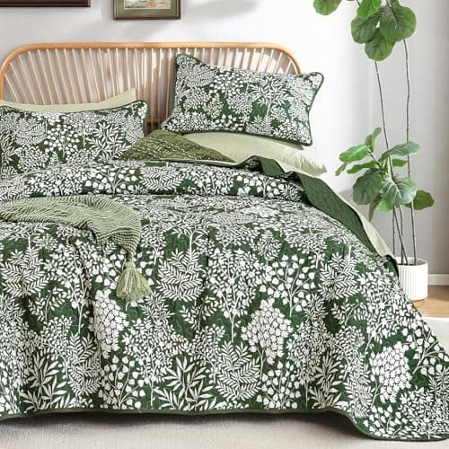 WONGS BEDDING Botanical Quilt Set King Size, Green Bedspread with 2 Pieces Pillowcase, Soft Microfiber Farmhouse Floral Quilt Bedding Set for All Season (104"x90")