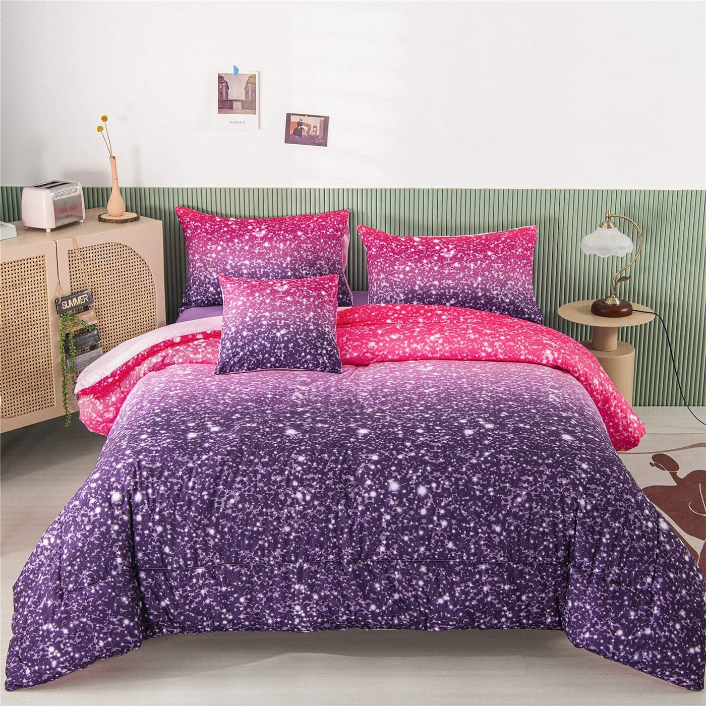 RYNGHIPY 6Pcs Twin Gradient Pink Purple Glitter Comforter Sets for Teens Girls Kids Colorful Rainbow Glitter Themed Bedding Set