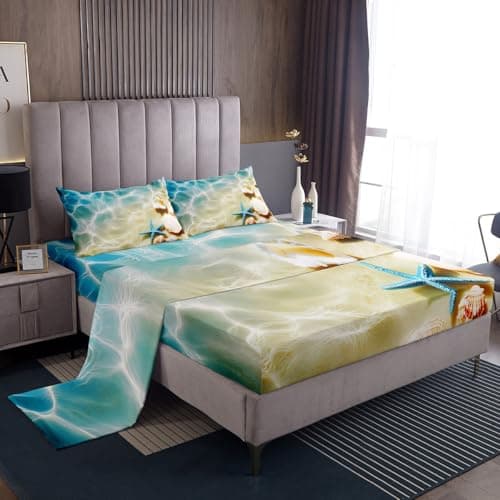 Erosebridal Ocean Bed Sheets Set Twin Beach Fitted Sheets Coastal Nature Theme Pattern Teal Flat Sheet Boys Girls Hawaiian Top Sheet Sea Wave Animals Starfish Sheet Set 1Pillow Case Blue Room Decor