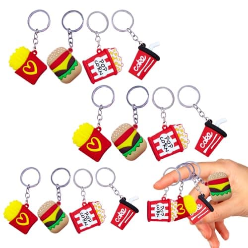 Birthday Popper 12 Pcs Fast Food Keychains as Birthday Return Gifts Mini Burger, Fries, Popcorn & Soda Key Rings | Party Favors, Gifts for Kids & Adults
