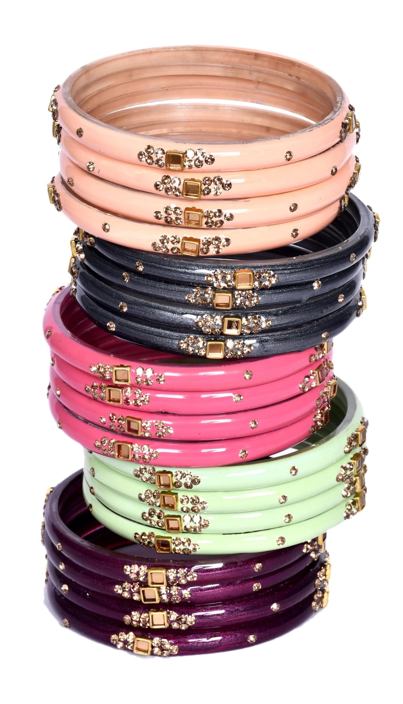 Swara Creations Traditional Glass Kada Bangles Set for women & girls Glossy Bangles Gemstone stone work Red Green Yellow Pink multicolor glass Kade