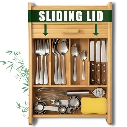 KozyKoala & Co. Bamboo Drawer Organizer with Sliding Lid - 5 Slot Kitchen Drawer Organizer & Utensil Holder - Wood Bamboo Cutlery Tray for Flatware & Multipurpose Storage for Home & Office