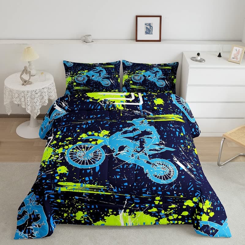 Feelyou Dirt Bike Kids Comforter Set Extreme Sports Bedding Set for Boys Girls Decor Racing Motocross Rider Comforter Urban Duvet Set Bedroom Quilt Set 3Pcs Queen Size
