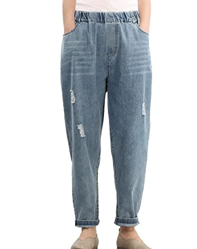 FTCayanz Women's Elastic Waist Cropped Jeans Baggy Drawstring Stretch Denim Pants with Pockets Style 1 XL