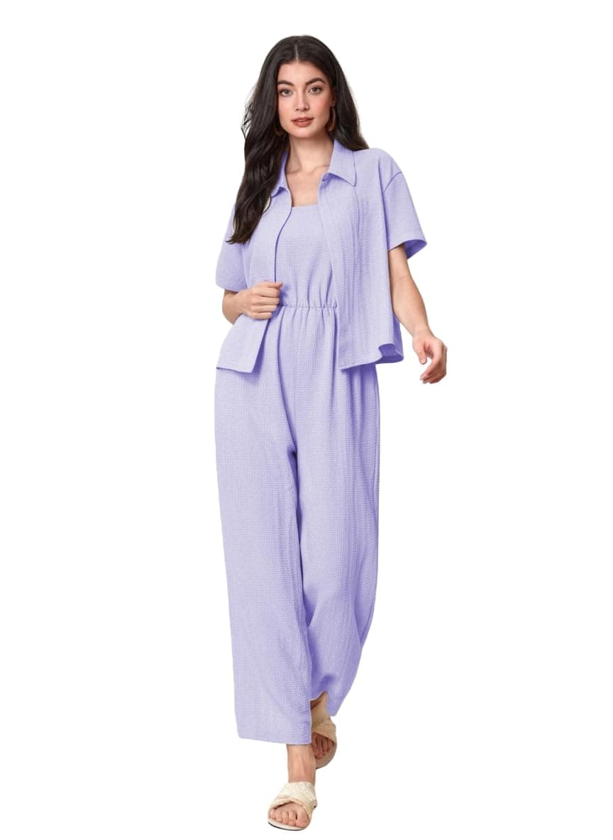 TOPLOT Women's Jumpsuit Co-ord Set | Soft Breathable Feel | Comfortable Fit with Easy Movement | Stylish One-Piece Outfit Design | Perfect for Casual & Travel (Jump-Suit-5225-Purple-XL)