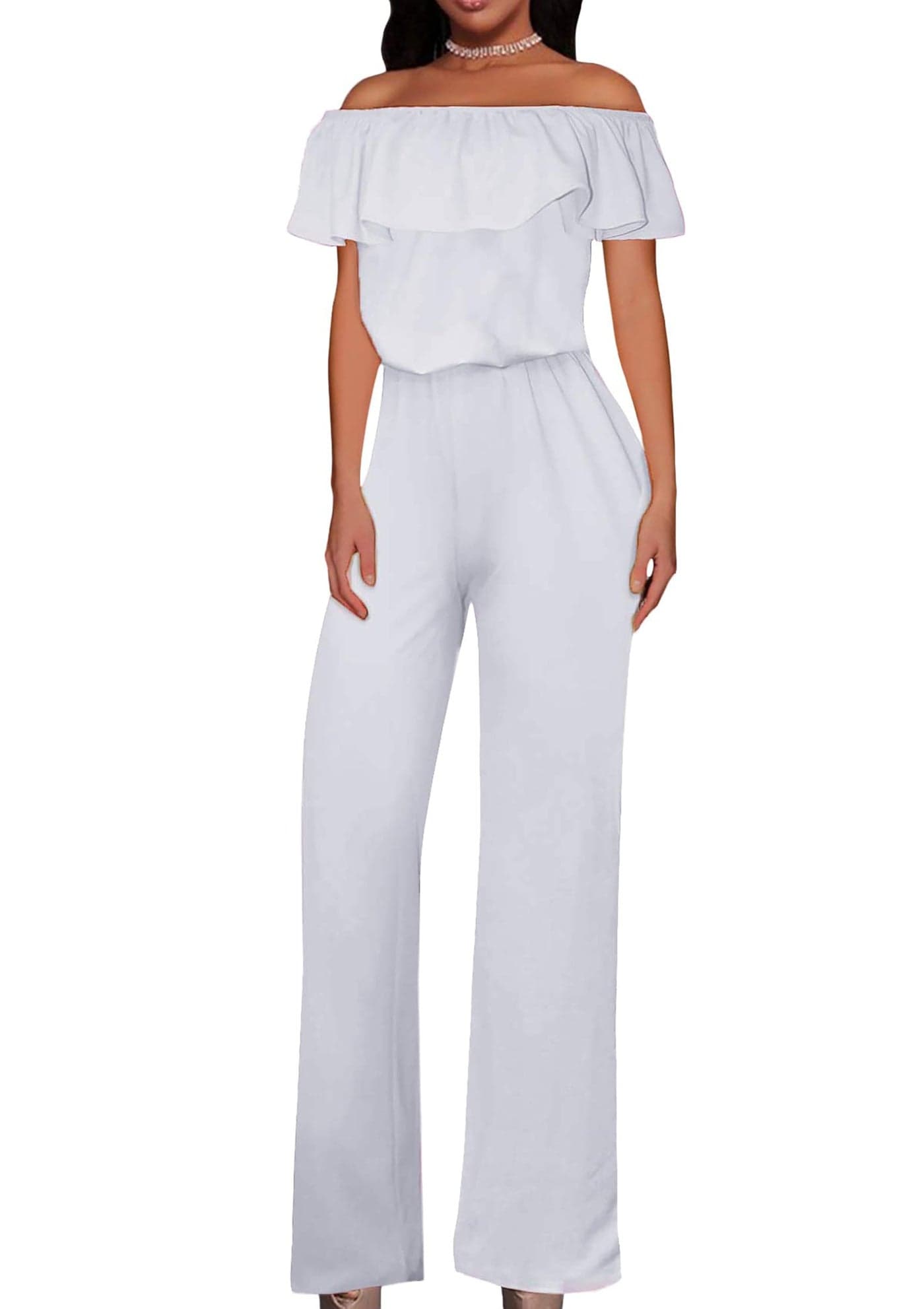 Hybrid Company Womens Lightweight Off Shoulder Jumpsuit Stretchy Wide Leg Romper Casual to Formal One Piece Outfit KPVJ47696 WHITE L