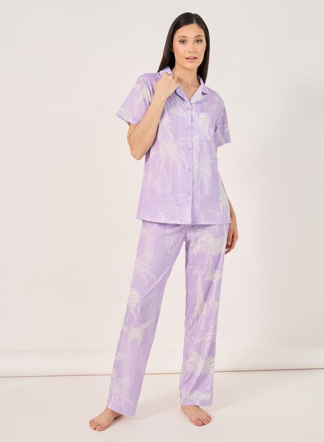 Giraffe Wildlife Print Button Placket Shirt and Pyjama Set