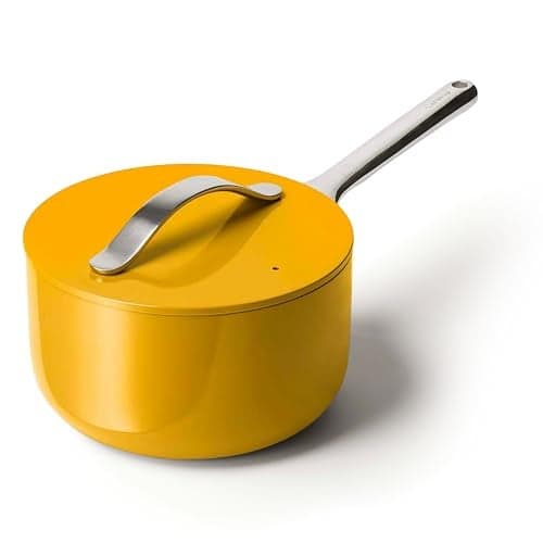 Caraway Nonstick Ceramic Sauce Pan with Lid 3 qt Non Toxic PTFE PFOA Free Oven Safe Compatible with All Stovetops Gas Electric Induction Marigold