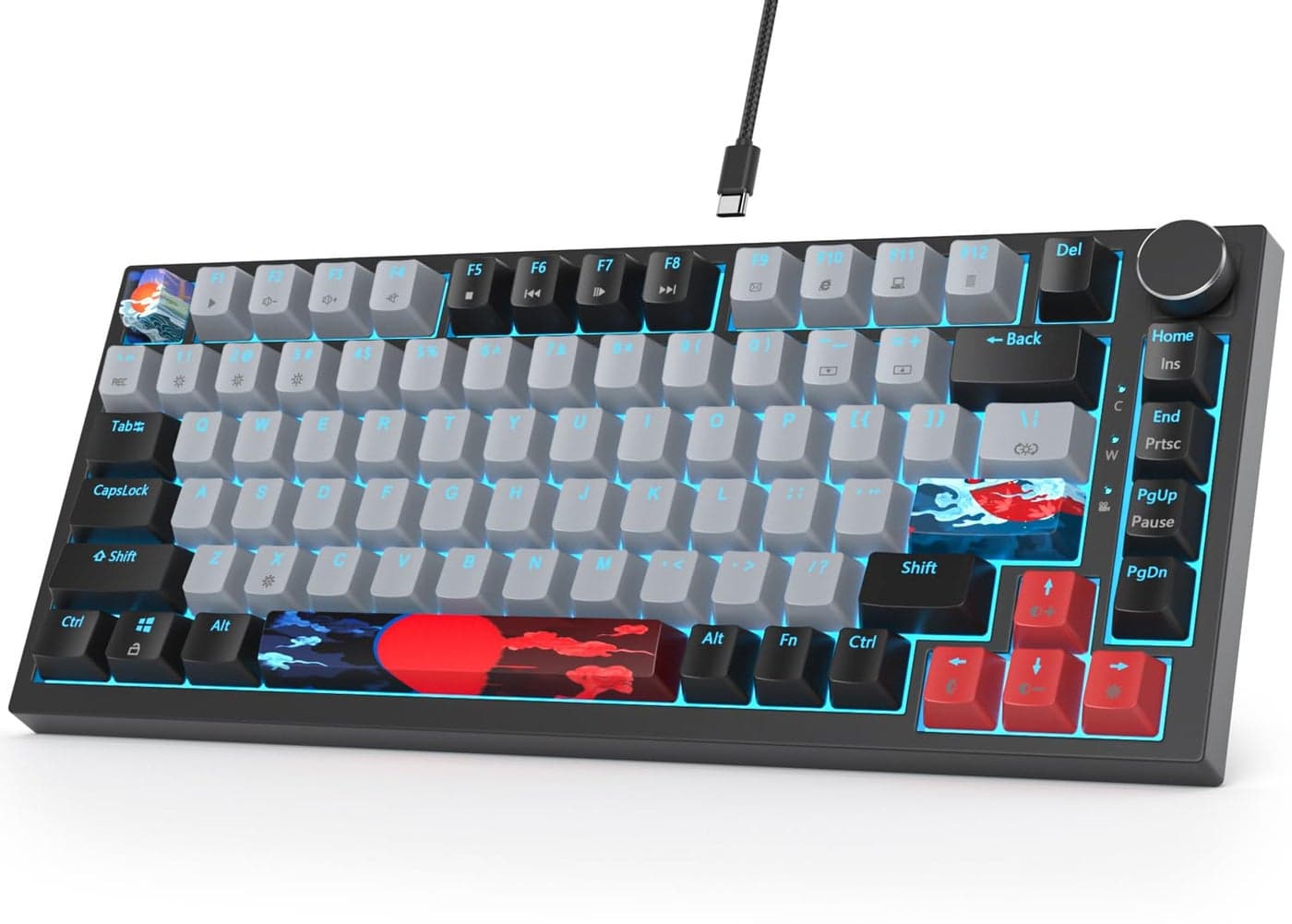 Fogruaden Wired 75 Mechanical Keyboard Hot Swappable Gasket Mount With Red Switch RGB Backlit 82 Keys TKL NKRO Compact Gaming With Knob Dolch