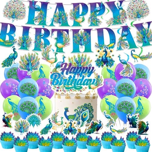 Peacock Party Decorations Colorful Peacock Birthday Party Supplies Includes Banner Cake Topper Cupcake Toppers Hanging Swirls Balloons for Peacock Birthday Party Zoo Bird Theme Party