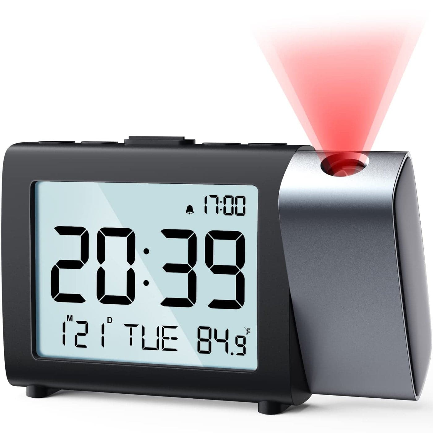MeesMeek Projection Alarm Clock for Bedroom Digital LCD Clock with Temperature Date Snooze 1224H and Weekend Mode Easy Set Dimmer Clock with 2Levels Volume Mains and Battery Operated