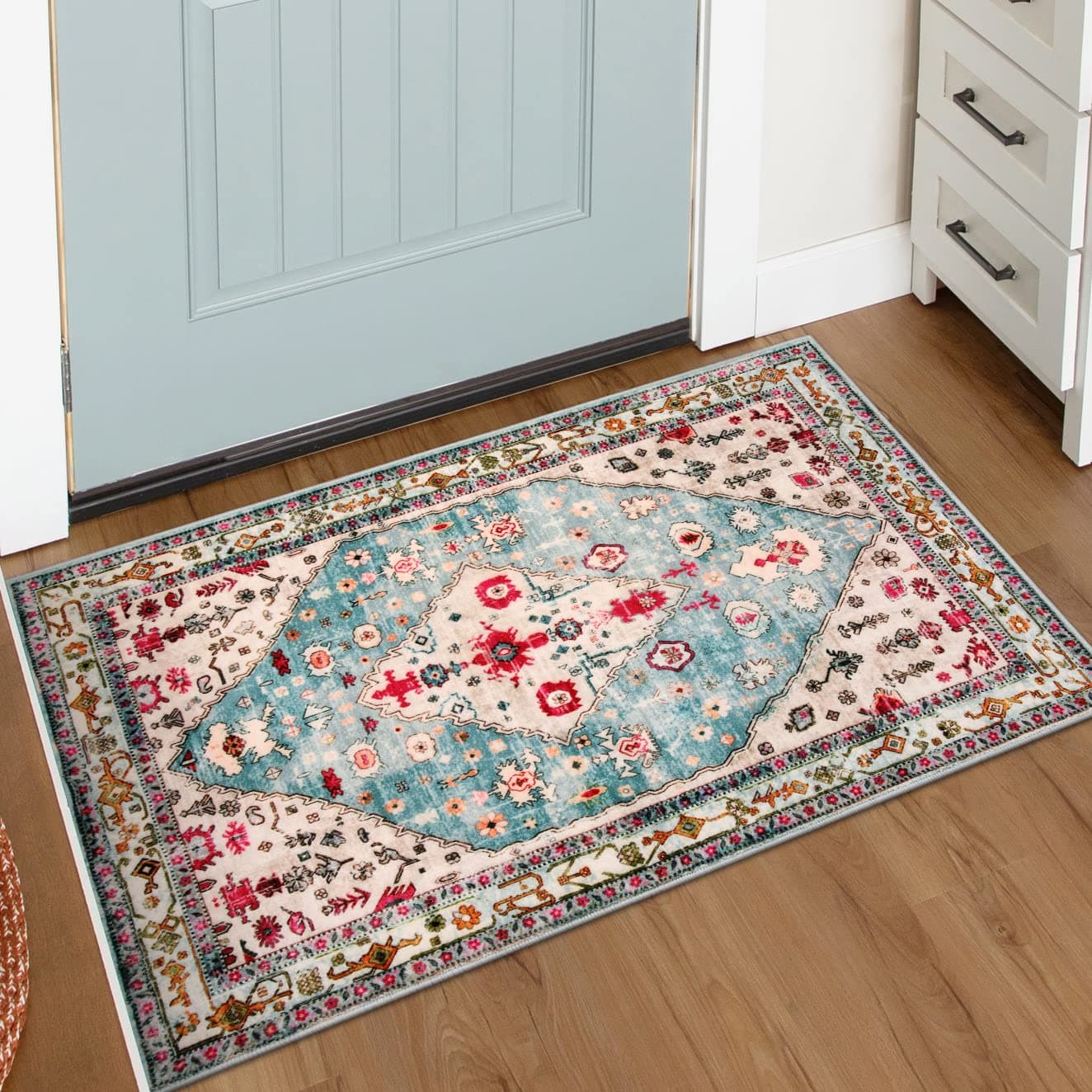 Lahome Boho Tribal Area Rug 2x3 Small Aqua Bath Rugs Kitchen Throw Mat Soft Washable Non Slip Non Shedding Bohemian Bathroom Bedroom Carpet for Front Door Living Room Stove Chair