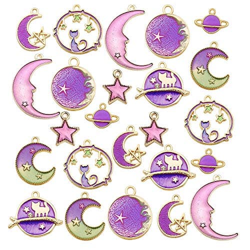 24 Pcs Assorted Gold Plated Enamel Cat Moon Star Celestial Charm Pendant DIY for Earrings Necklace Bracelet Jewelry Making and Crafting M582Purple