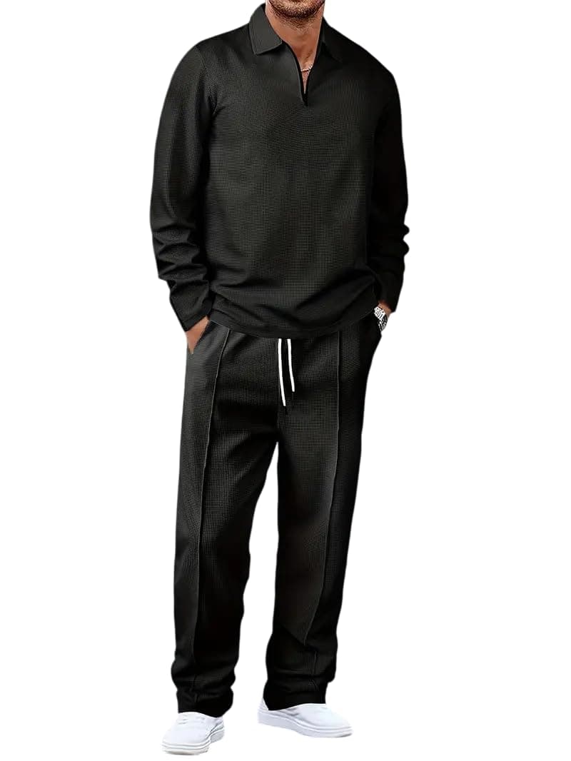 Jawdrobe Men’s Waffle-Check Co-Ord Set | Self-Textured Collar Top | Drawstring Jogger Pants | Cotton-Blend Loungewear/Night-Suit | Casual Travel & Streetwear Two-Piece (waffle-co-ord-set-black-s)