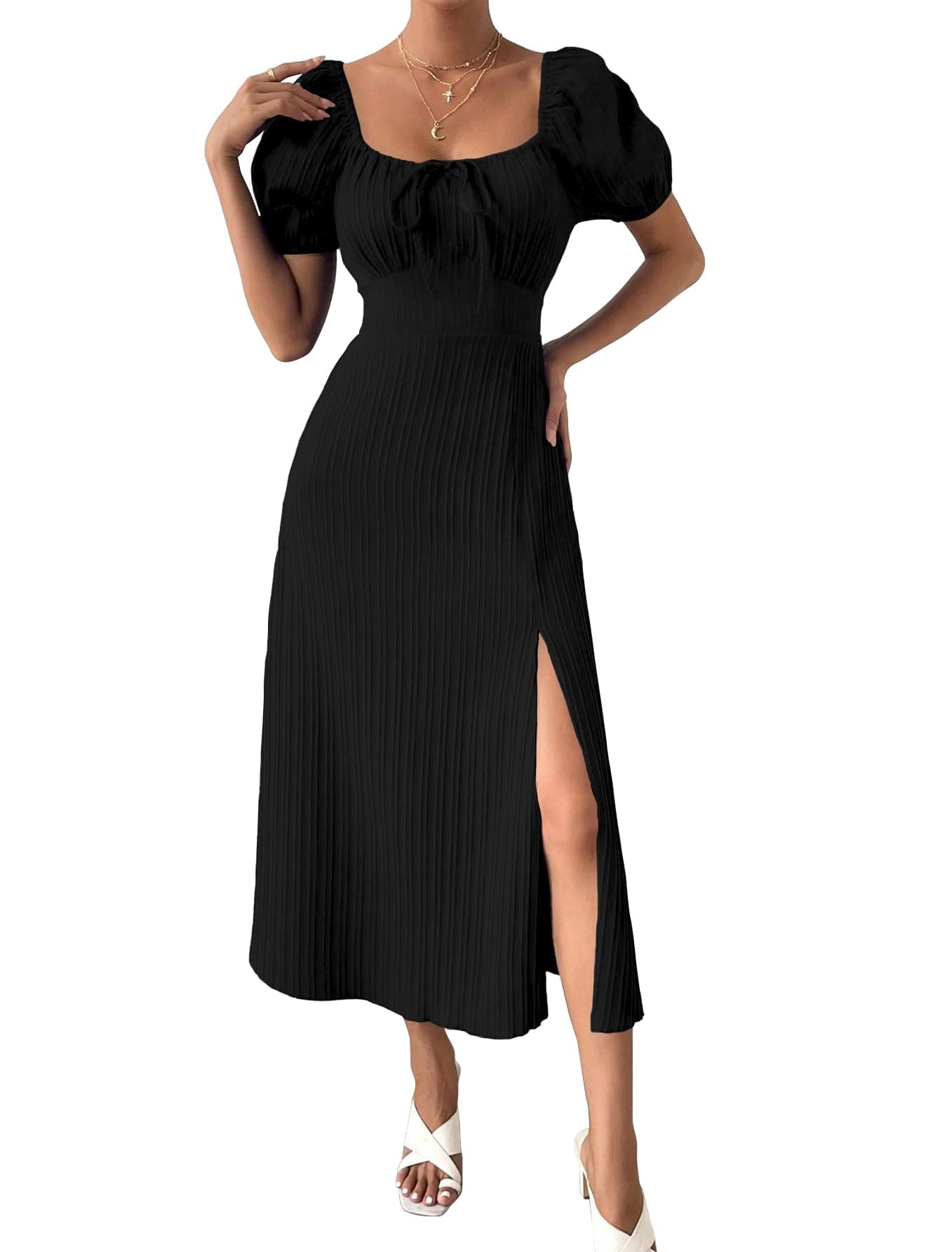 Shasmi Women's & Girl's Black Tie Front Split Thigh Milkmaid Maxi Dress – Square Neck Puff Sleeve A-Line Long Dress, Elegant Casual & Parties Wear for Ledies (Dress 245 Black-S)