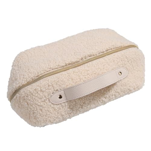 OpNelDum Makeup Bag Large Capacity Travel Cosmetic Bag Travel Toiletry Bag Cute Plush Makeup Pouch with Handle and Divider Flat Lay Portable Makeup Case Organizer for Women White