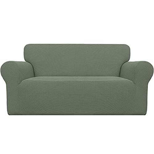 EasyGoing Stretch Oversized Loveseat Slipcover 1Piece Sofa Cover Furniture Protector Couch Soft with Elastic Bottom for Kids Polyester Spandex Jacquard Fabric Small Checks Greyish Green