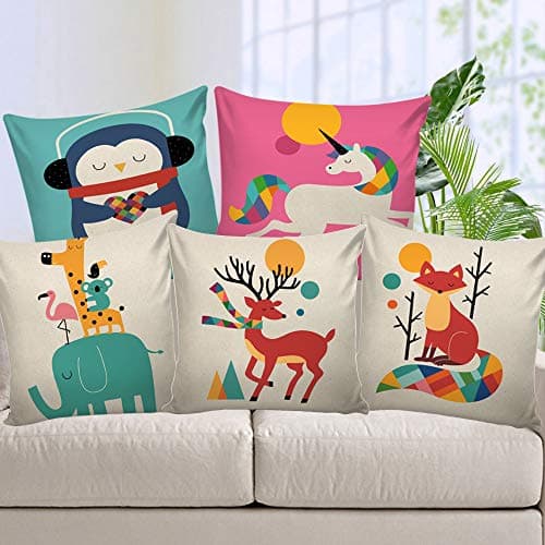AEROHAVEN Kid's 250TC Animal Cartoon Hand Made Jute Throw/Pillow Cushion Covers - CC-172 - (16 x 16 Inch, Multicolour) -Set of 5