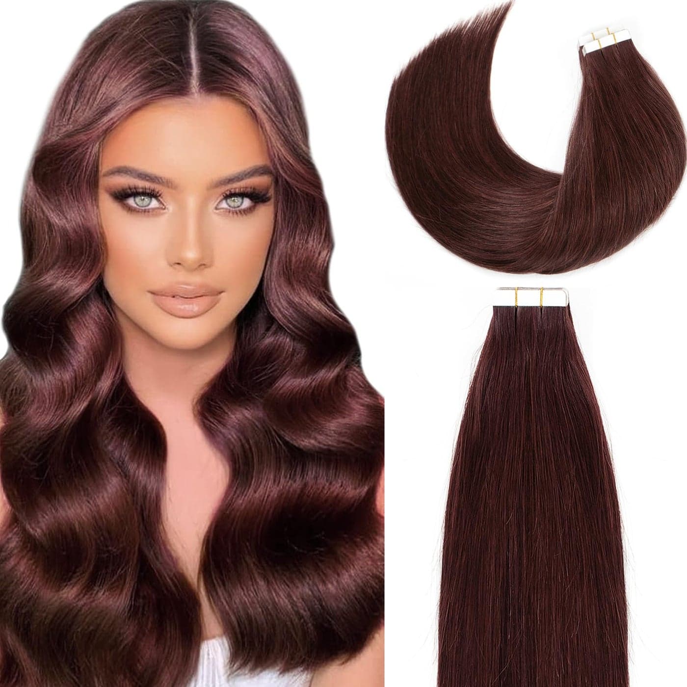 Loxxy 22Inch Real Remy Tape in Hair Extensions Natural Red Wine Color 99J Invisible Skin Weft Pu 20Pcs 50Gram