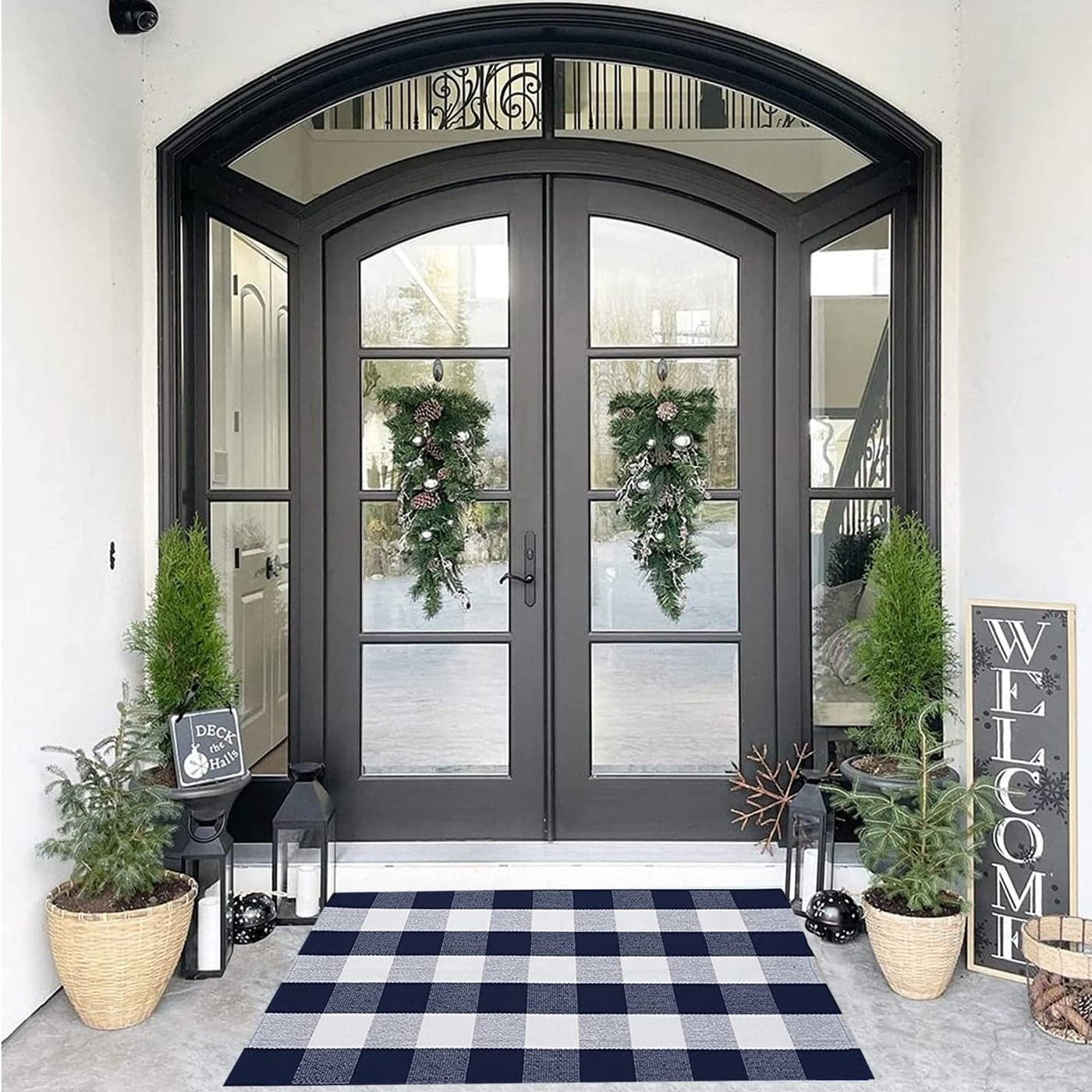 SEEKSEE Cotton Buffalo Plaid Rug 275x43 Navy Blue and White Checked Rug Washable Doormats Indoor Outdoor Rugs for Layered Front Door Mats Porch Kitchen Farmhouse Entryway