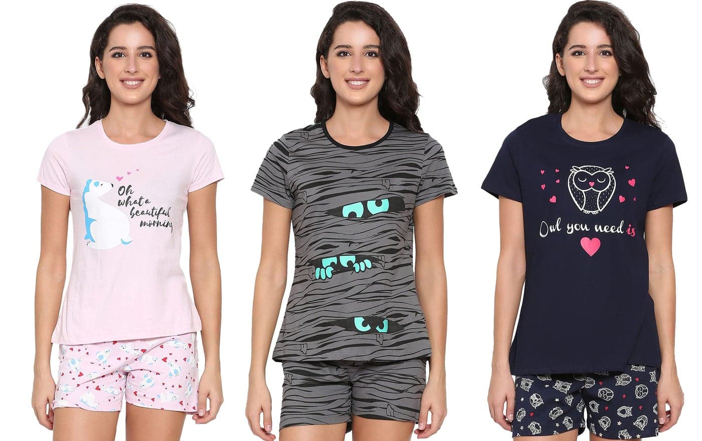Real Basics Women's Cotton Relaxed Printed Top And Shorts Set(Rb-W-Shortset-M-P3-Pinkgreyowl_Set3_Medium)