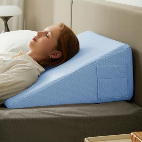 Bedluxe Wedge Pillow, 10 inch Bed Wedge Pillow for Headboard, Pillow Wedge for Acid Reflux Relief, Sleeping, After Surgery, Snoring, Gerd, Triangle Pillow Wedge - Cooling Memory Foam Top, Light Blue