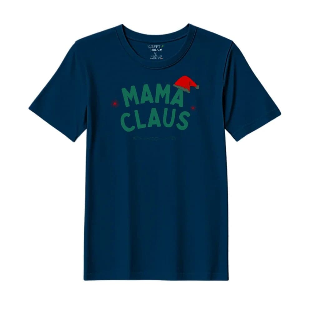 BYFT Threads Large Navy Blue Polycotton T-Shirt - Christmas "Mama Claus Hat" Printed Design, Premium Holiday Collection
