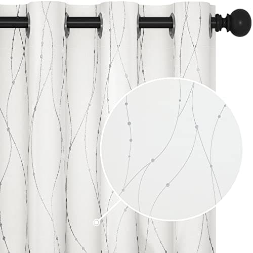 Deconovo White Curtains, Room Darkening Curtain, Thermal Insulated Noise Reduced Drapes, Wave Dots Silver Print, 52 x 84 Inch Long, Grommet Top, Window Panels for Living Room Bedroom Nursery, Set of 2