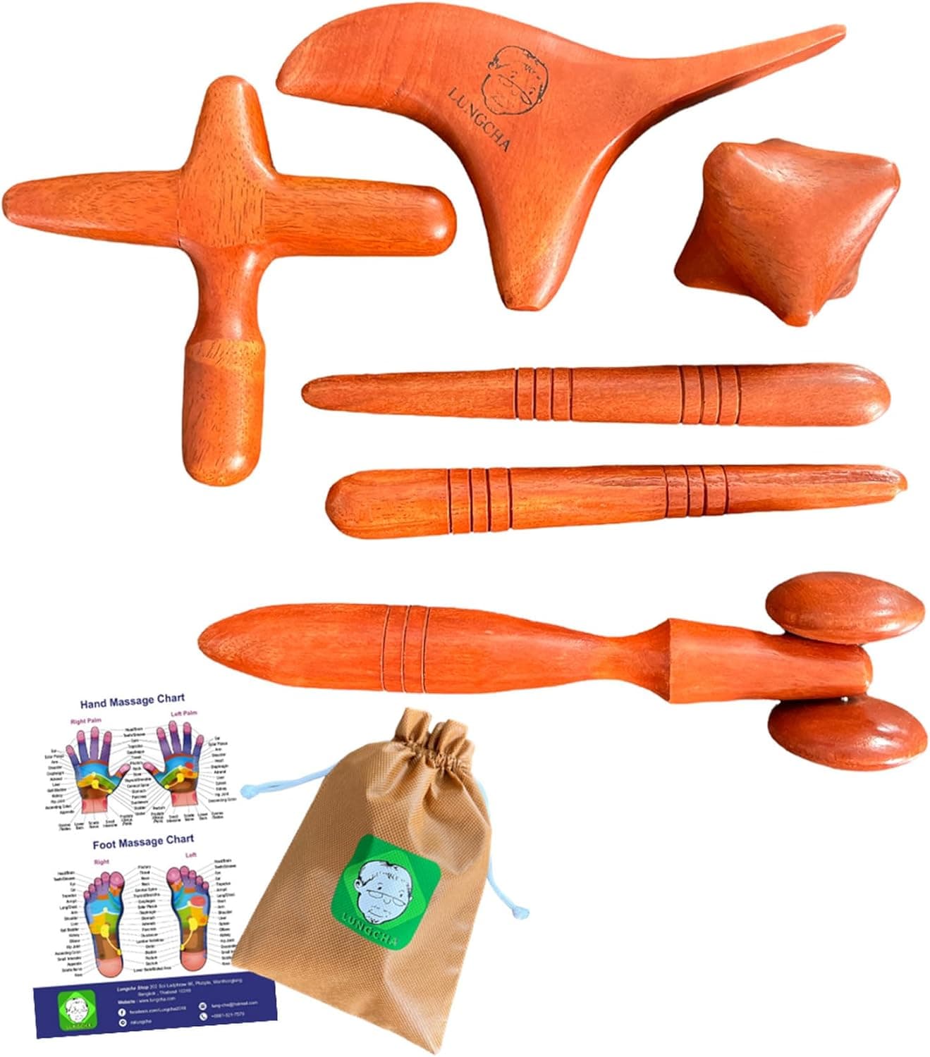 Lungcha 5 Types 6 Piece Set Traditional Thai Massage Reflexology Stick Tool with The Usage Guide and Tools Bag Set of 5 Types Full Body Massage