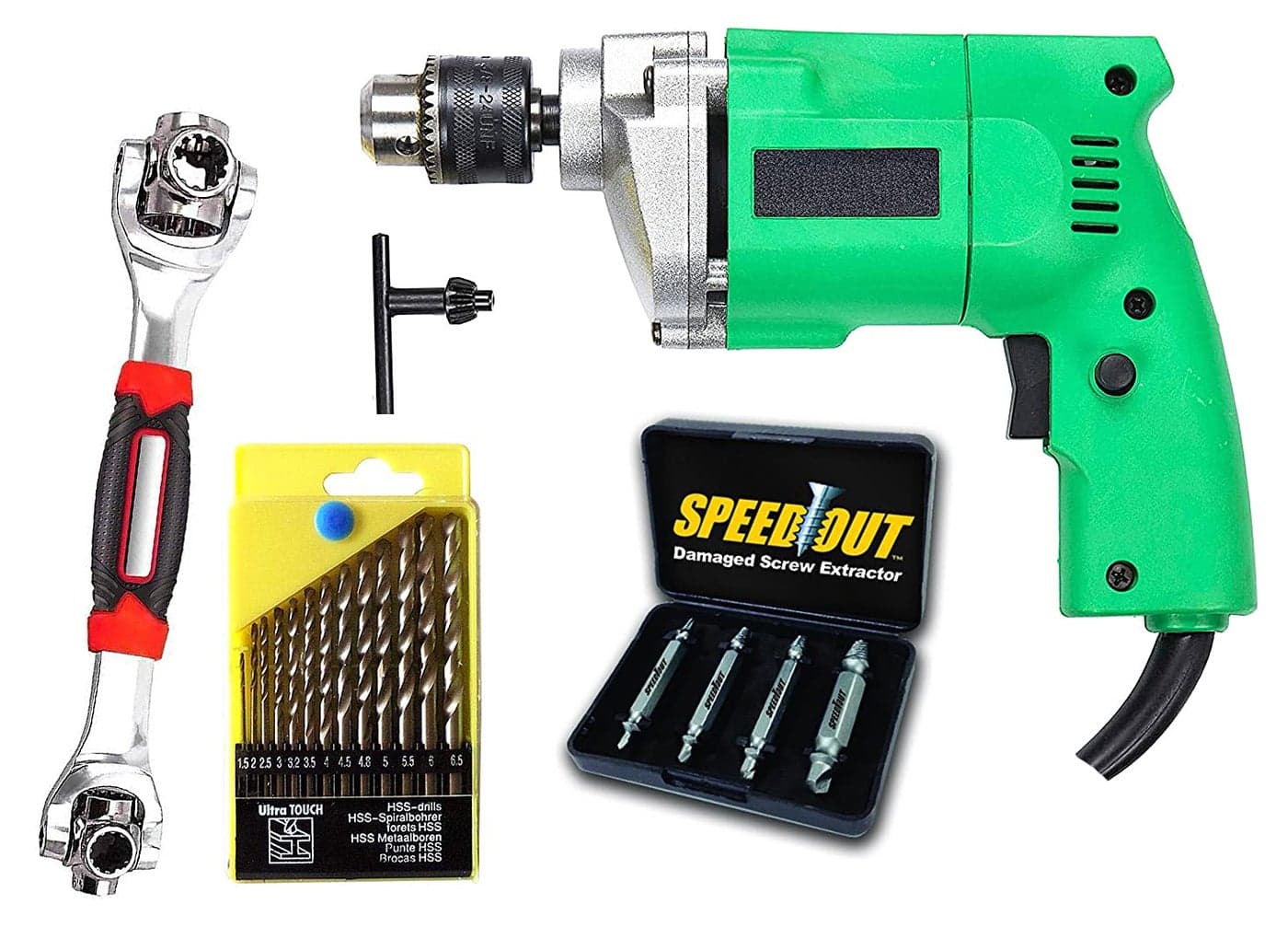 Shopper52 10mm Powerful Electric Drill Machine with 13Pcs Drill Bit Set Screw Remover Extractor and 48in1 Wrench Spanner Set