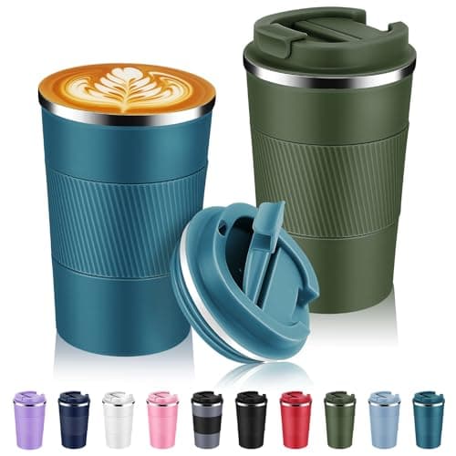 Volhoply 13 oz Stainless Steel Insulated Travel Coffee Mug with Fip Lid Bulk 2 Pack,Reusable Double Wall Vacuum Metal Coffee Cup,Portable Leak Proof Thermal Tumbler for Hot&Cold Drinks(Assort Color,2)