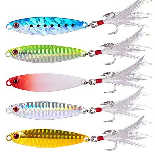 Dr.Fish 5 Pack Metal Jigging Spoon Saltwater Fishing Jigs Spoons Lures Casting Vertical Diamond Jig Lures Freshwater Bass Striper Mackerel Halibut 0.88oz