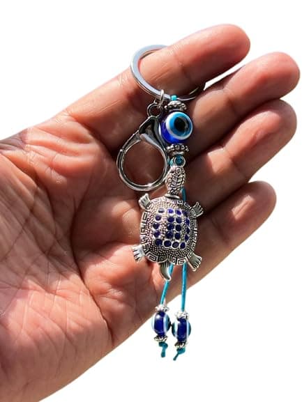 BLUE BEADS Silver Color Blue Evil Eye With Lucky Turtule/Tortoise Keychain For Bike/Car Gifting With Key Ring Anti-Rust