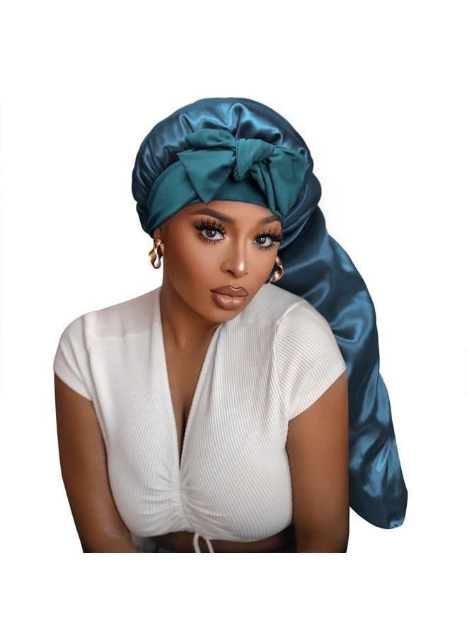 Satin Silk Bonnet Hair Cap: Long Bonnets with Elastic Tie Band Adjustable Straps Jumbo Size Sleep for Sleeping Comfortable - Stretchy Tie Band Bonnets for Women Long Braid Curly Hair No Slip-Off Teal