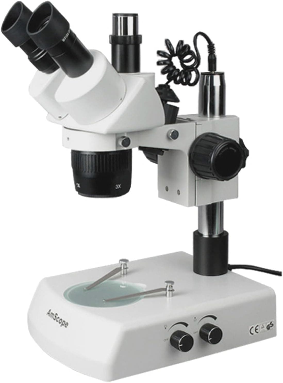 AmScope SW2T13Z Trinocular Stereo Microscope WH10x Eyepieces 10X20X30X60X Magnification 1X3X Objective Upper and Lower Halogen Lighting Pillar Stand 110V120V Includes 20x Barlow Lens