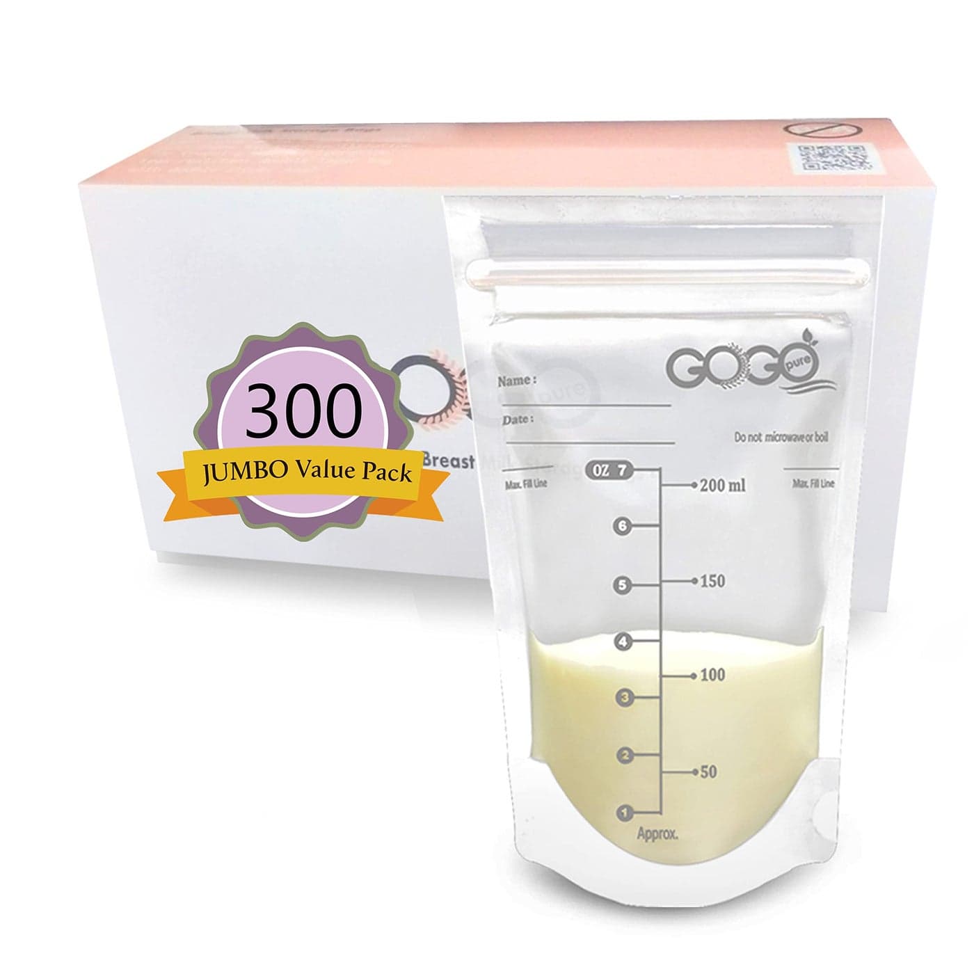 300 Count JUMBO Pack Breastfeeding Breastmilk Storage Bags 7 OZ EACH PRESTERILIZED By Gamma Ray BPA Free Leak Proof Storing Double Zipper Seal Self Standing for Refrigeration and Freezing