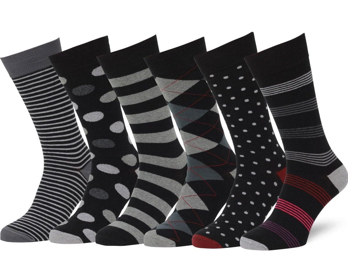 Easton Marlowe Mens Black Dress Socks Size 10-13 Fun Dress Socks for Men Cotton Mens Dress Socks 6 Pack Argyle Striped Dots Funky Socks #38 Gifts for Men Comfortable Flat Toe Seam